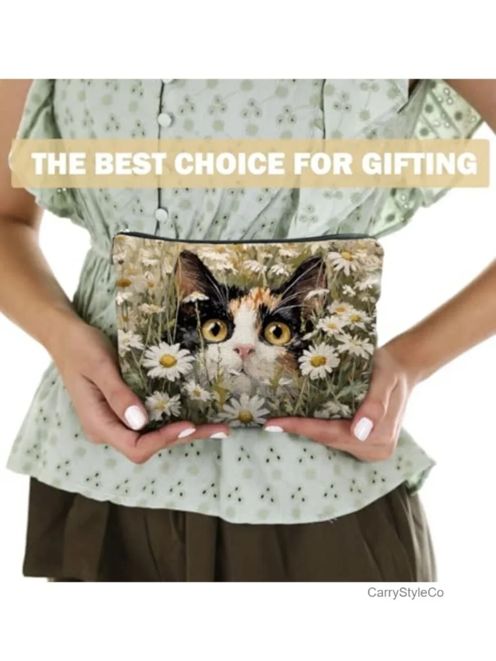 Cat Floral Makeup Bag for Women, Linen Travel Toiletry Pouch Zipper